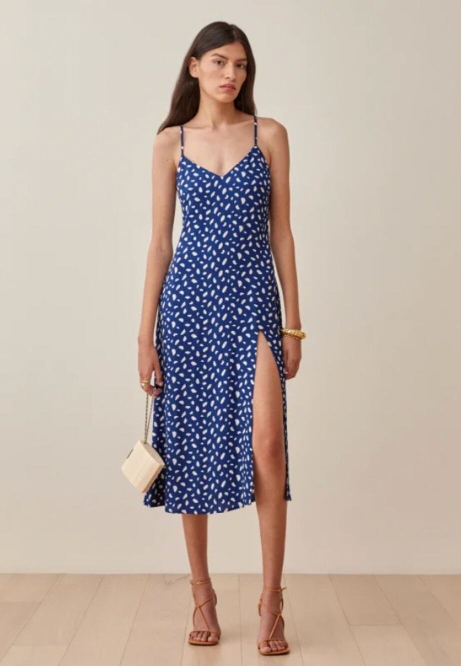 Reformation Moray Blue Dot Print Crimini Slip Midi Dress with Side Slit